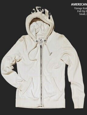 American Eagle Vintage Cream Full-Zip Hooded Sweater Small